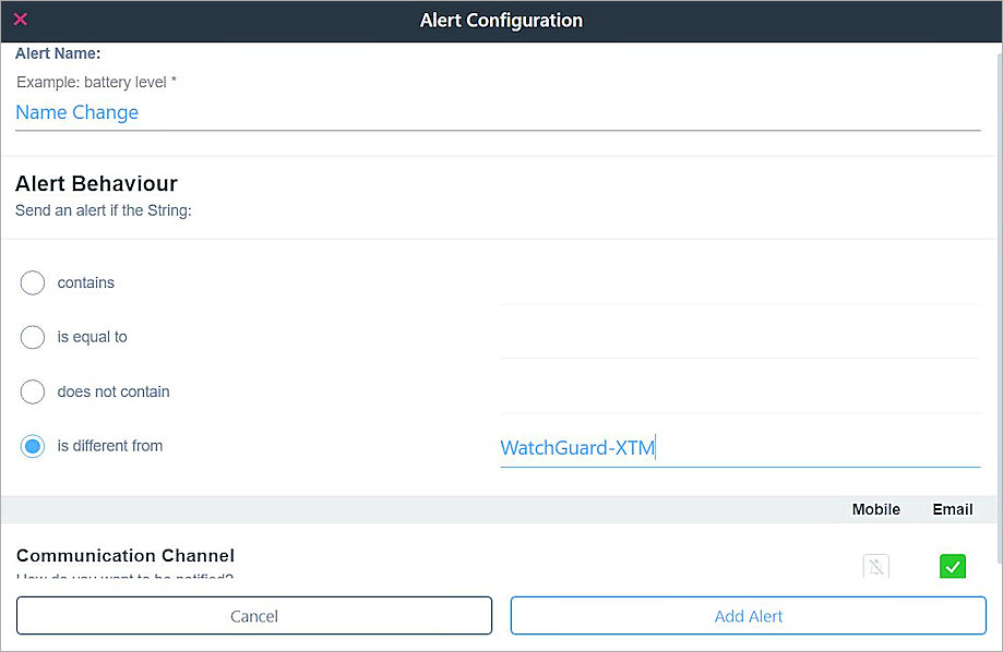 Screen shot of the Alert Configuration dialog box